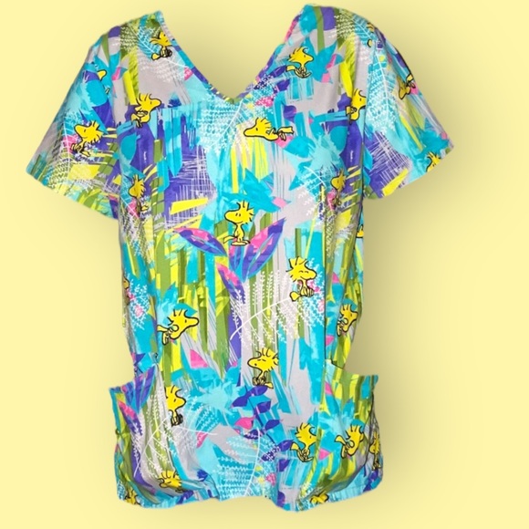 Peanuts Woodstock Scrub Top Size Medium Nurse Doctor Dentist Yellow Purple Blue - Picture 2 of 11